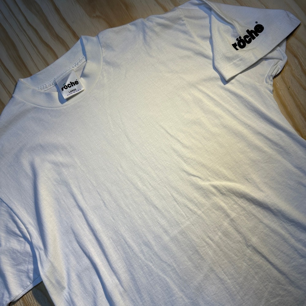 Vintage Roche Pharmaceutical T-Shirt Mens Size Large White Sleeve Logo